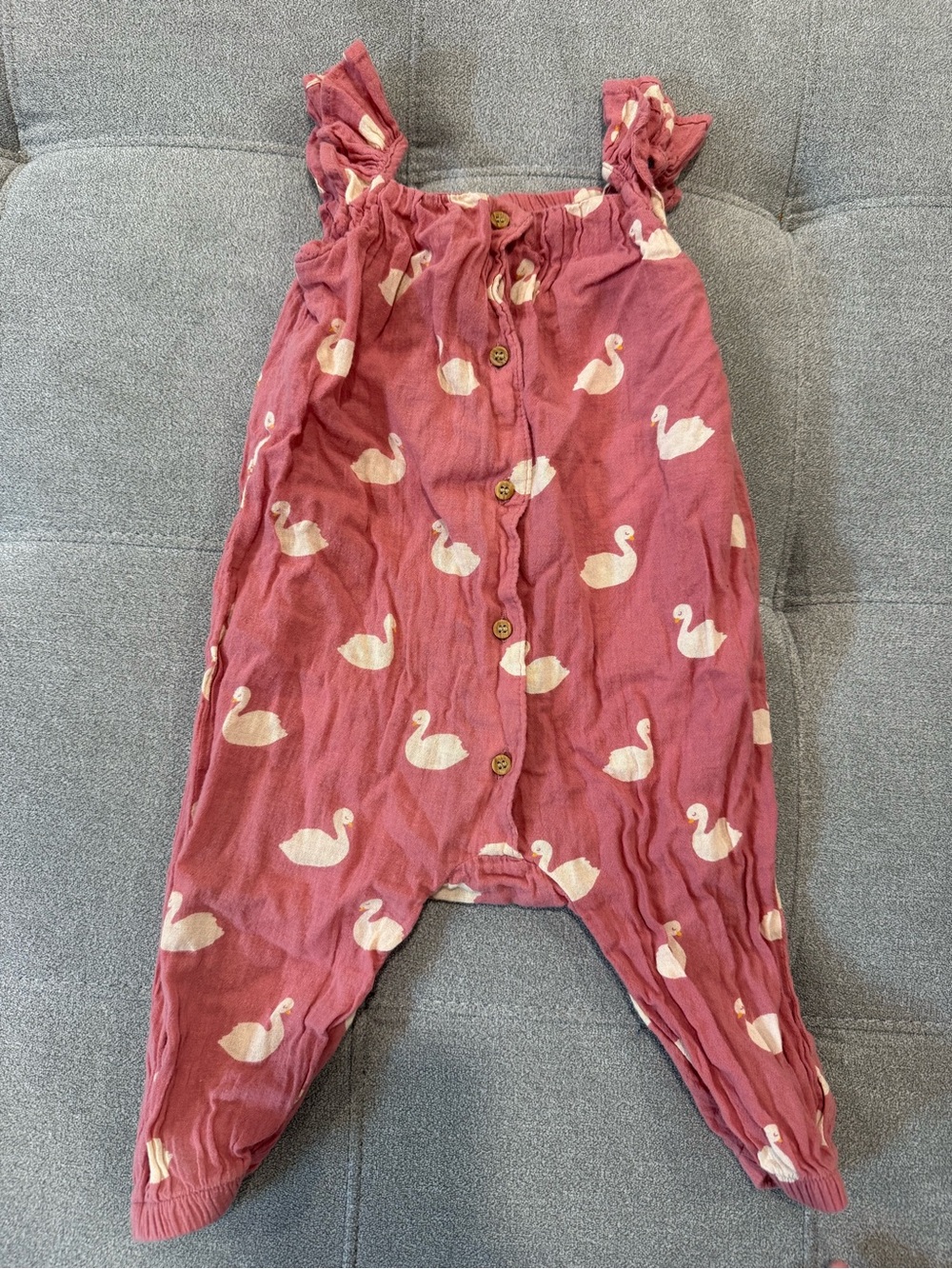 H&M Mauve Pink Swan-Print Romper 9M baby girl summer frilly cute cottagecore